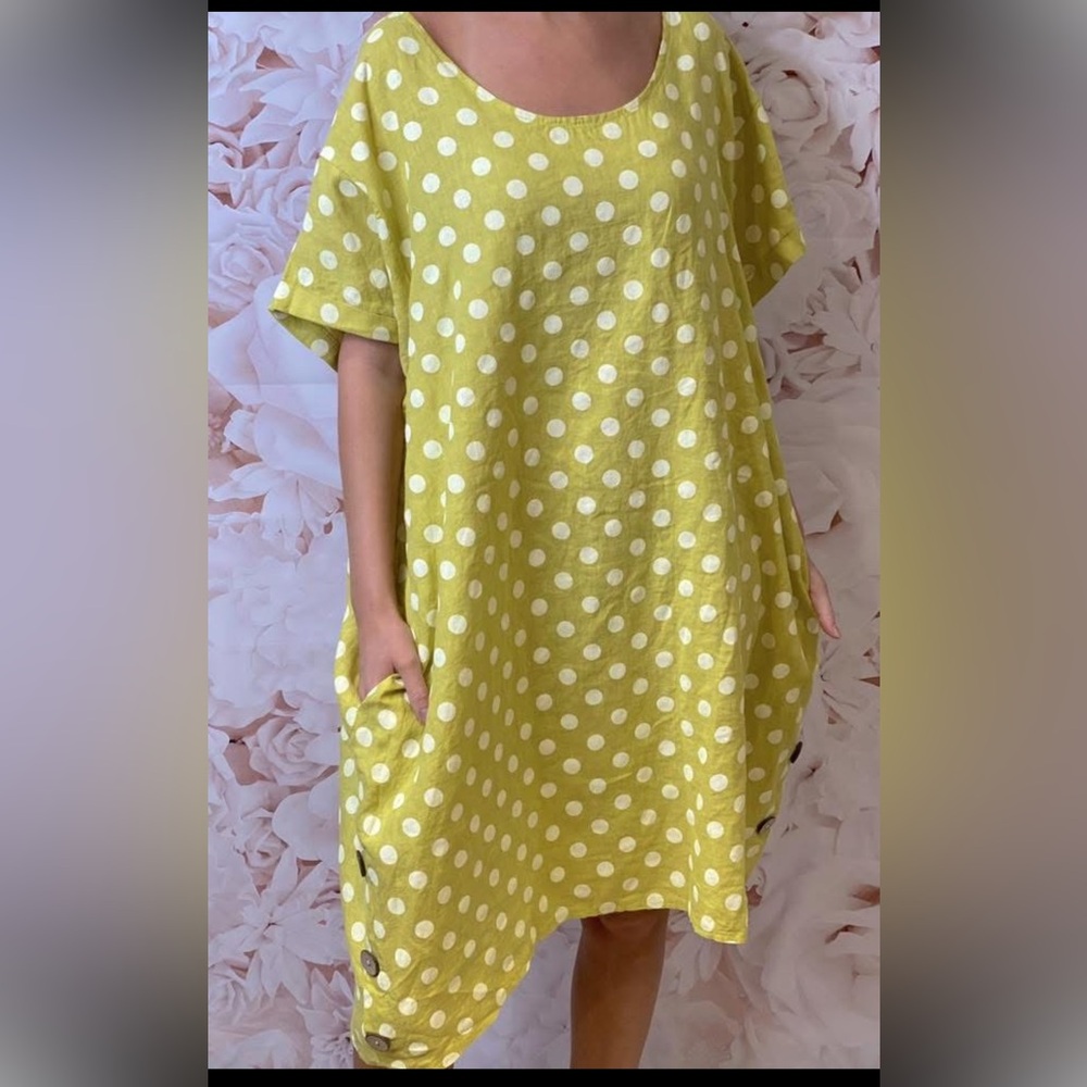 Goose Island Dress Polka Dot Short Sleeve 100% Linen